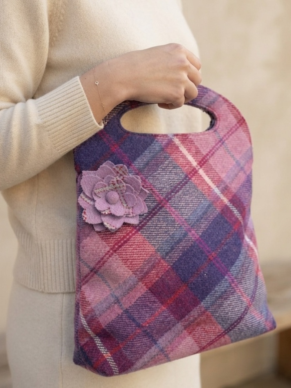 Ness Plaid Pink & Purple Floral Accent Tote Bag Purse Wool Handbag